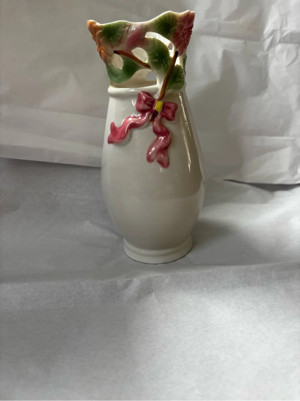 Vintage porcelain White Vase with Pink bow/floral